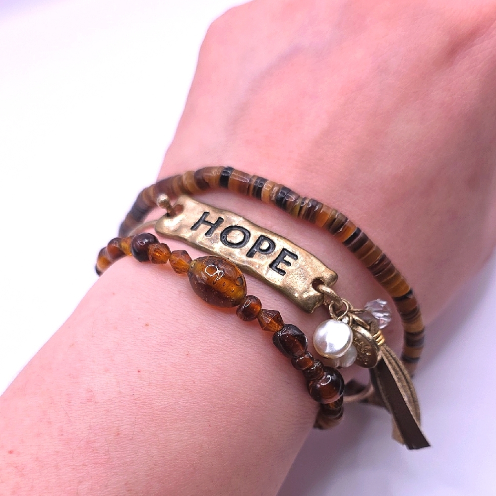 Boho Brown Ambertone Beaded Bracelet & Anklet Lot